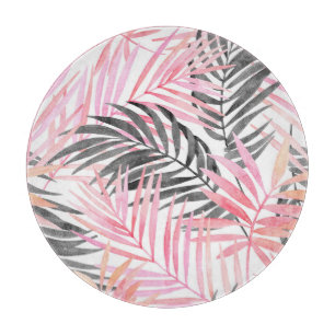 Tropical Pink Green Leaves Watercolor Cutting Board