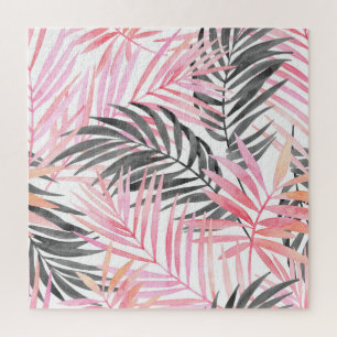 Tropical Pink Green Leaves Watercolor Jigsaw Puzzle