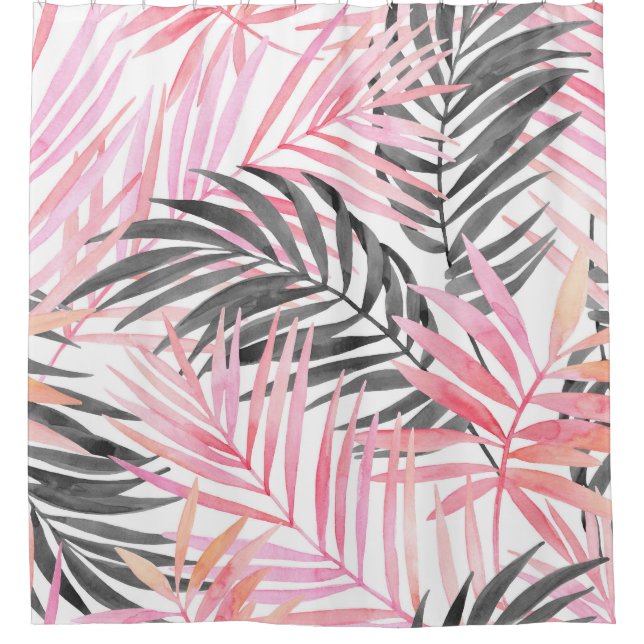 Tropical Pink Green Leaves Watercolor Shower Curtain (Front)