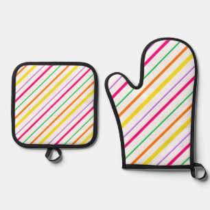 Tropical Pink Green Orange Yellow Stripes Oven Mitt & Pot Holder Set