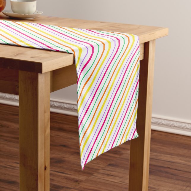 Tropical Pink Green Orange Yellow Stripes Short Table Runner (In Situ)