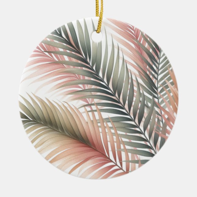 Tropical Pink Green Palm Leaves Ceramic Tree Decoration (Front)