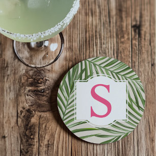 Tropical Pink Green Palm Leaves Monogram Initial C Coaster