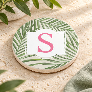 Tropical Pink Green Palm Leaves Monogram Initial Coaster