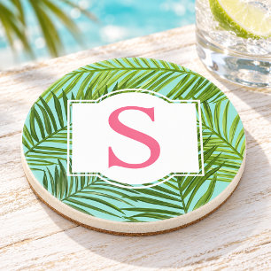 Tropical Pink Green Palm Leaves Monogram Initial Coaster