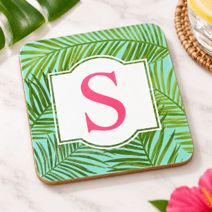 Tropical Pink Green Palm Leaves Monogram Initial Coaster
