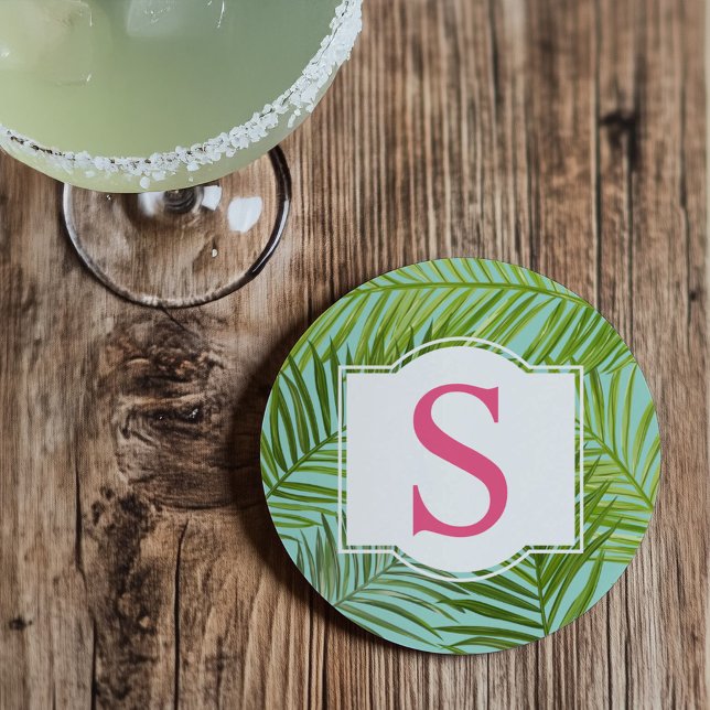 Tropical Pink Green Palm Leaves Monogram Initial Coaster (Creator Uploaded)