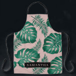 Tropical Pink & Green Palm Leaves Pattern & Name Apron<br><div class="desc">Tropical Pink & Green Palm Leaves Pattern & Name</div>