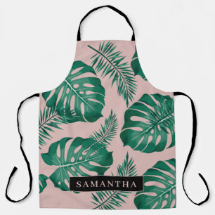 Tropical Pink & Green Palm Leaves Pattern & Name Apron