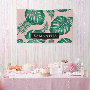 Tropical Pink & Green Palm Leaves Pattern & Name Banner