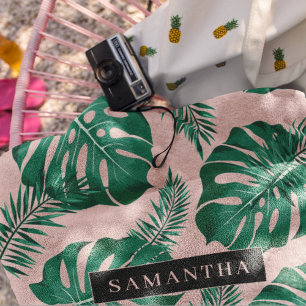 Tropical Pink & Green Palm Leaves Pattern & Name Bath Towel Set