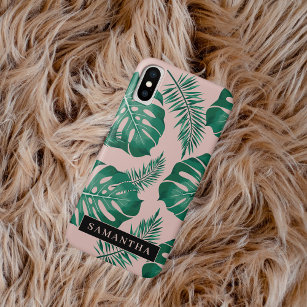 Tropical Pink & Green Palm Leaves Pattern & Name Case-Mate iPhone Case