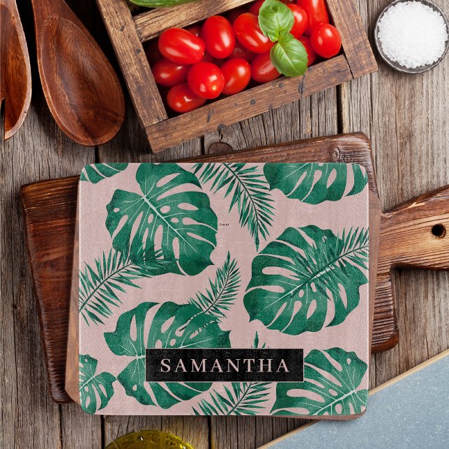 Tropical Pink & Green Palm Leaves Pattern & Name Cutting Board (Creator Uploaded)