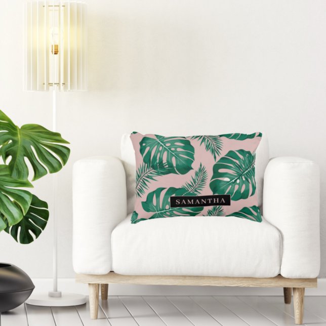Tropical Pink & Green Palm Leaves Pattern & Name Decorative Cushion (Creator Uploaded)