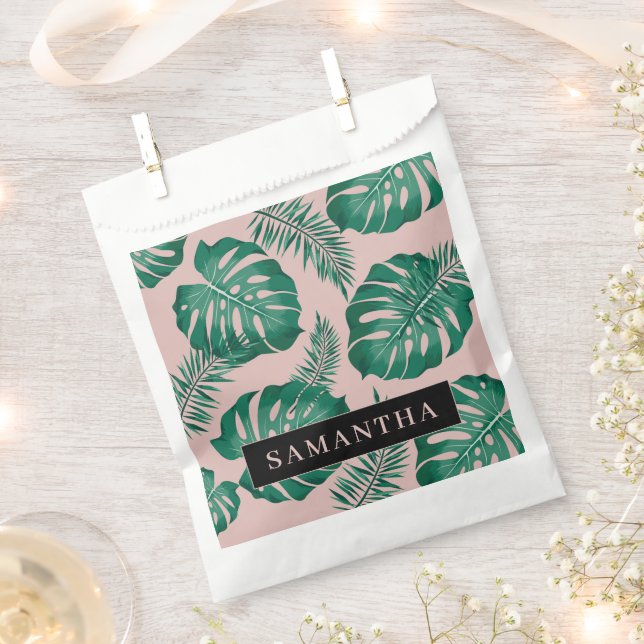 Tropical Pink & Green Palm Leaves Pattern & Name Favour Bags (Clipped)