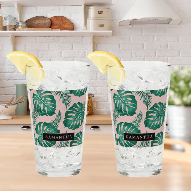 Tropical Pink & Green Palm Leaves Pattern & Name Glass (Creator Uploaded)