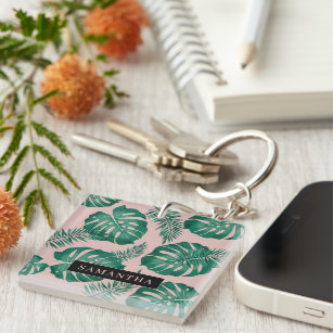 Tropical Pink & Green Palm Leaves Pattern & Name Key Ring
