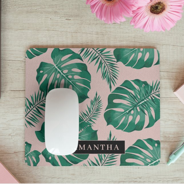 Tropical Pink & Green Palm Leaves Pattern & Name Mouse Mat (Creator Uploaded)