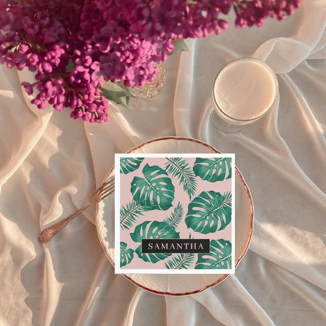 Tropical Pink & Green Palm Leaves Pattern & Name Napkin (Creator Uploaded)