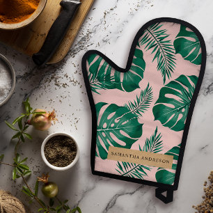 Tropical Pink & Green Palm Leaves Pattern & Name Oven Mitt & Pot Holder Set