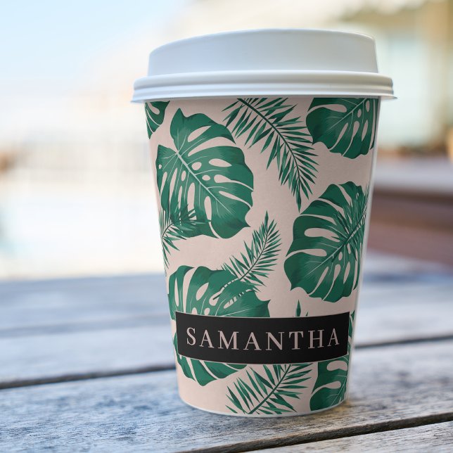 Tropical Pink & Green Palm Leaves Pattern & Name Paper Cups (Creator Uploaded)