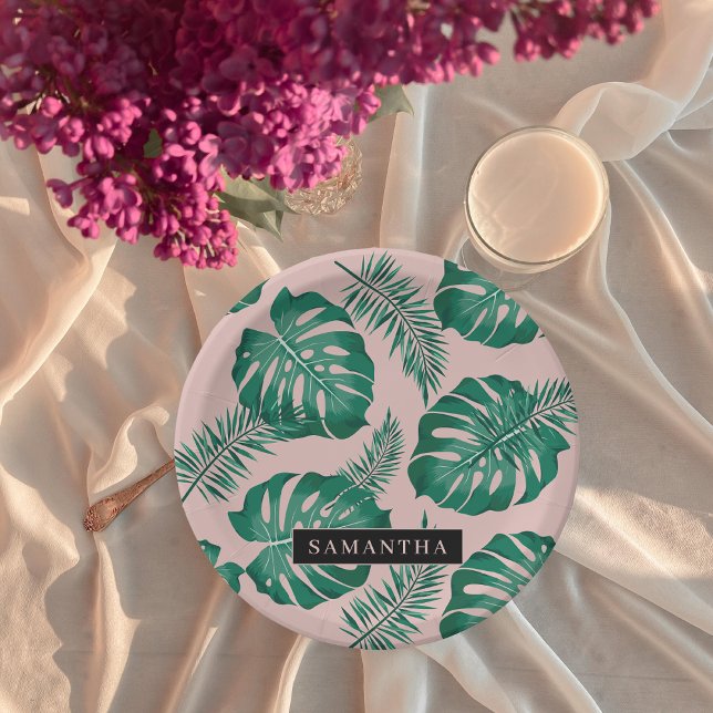 Tropical Pink & Green Palm Leaves Pattern & Name Paper Plate (Creator Uploaded)