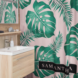 Tropical Pink & Green Palm Leaves Pattern & Name Shower Curtain