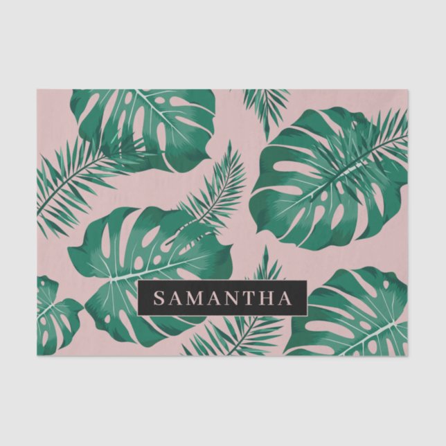 Tropical Pink & Green Palm Leaves Pattern & Name Tissue Paper (Front)