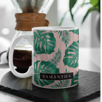 Tropical Pink & Green Palm Leaves Pattern & Name