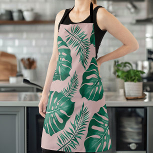 Tropical Pink & Green Palm Leaves Seamless Pattern Apron