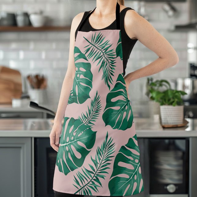 Tropical Pink & Green Palm Leaves Seamless Pattern Apron (Creator Uploaded)