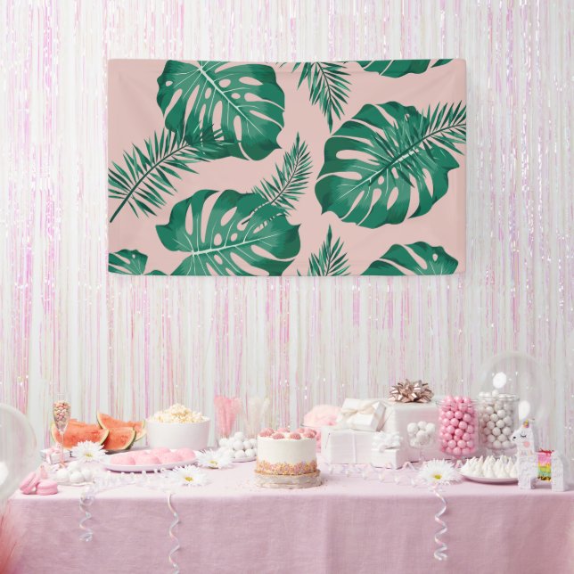 Tropical Pink & Green Palm Leaves Seamless Pattern Banner (Party)