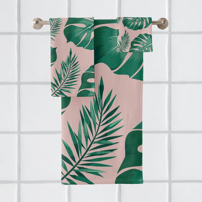 Tropical Pink & Green Palm Leaves Seamless Pattern Bath Towel Set (Creator Uploaded)