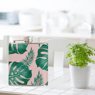 Tropical Pink & Green Palm Leaves Seamless Pattern Hip Flask