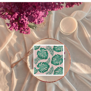 Tropical Pink & Green Palm Leaves Seamless Pattern Napkin