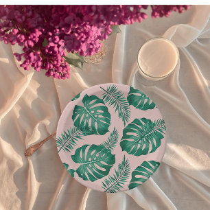Tropical Pink & Green Palm Leaves Seamless Pattern Paper Plate