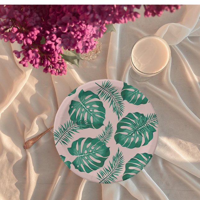 Tropical Pink & Green Palm Leaves Seamless Pattern Paper Plate (Creator Uploaded)