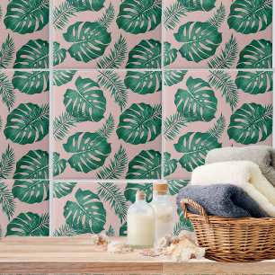 Tropical Pink & Green Palm Leaves Seamless Pattern Tile