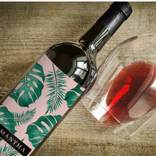 Tropical Pink & Green Palm Leaves Seamless Pattern Wine Label