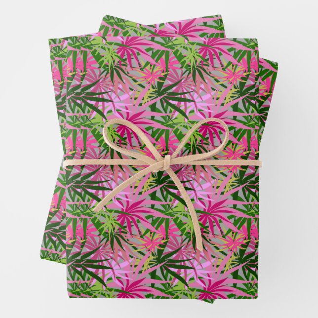 Tropical Pink Green Palms Wrapping Paper Sheet (In situ)