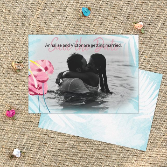 Tropical Pink Gumdrop Flowers Save-the-Date Card (turquoise and pink tropical wedding save the date card, pink gumdrop flowers, hawaiian theme)