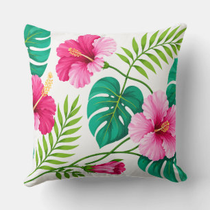 Tropical Pink Hibiscus and Monstera Leaves Cushion