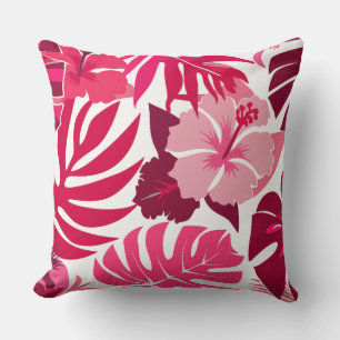 Tropical Pink Hibiscus and Monstera Leaves Pattern Cushion
