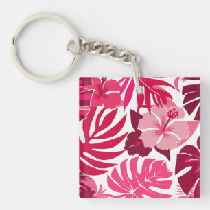 Tropical Pink Hibiscus and Monstera Leaves Pattern Key Ring