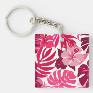 Tropical Pink Hibiscus and Monstera Leaves Pattern Key Ring