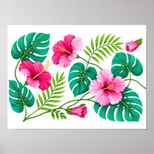 Tropical Pink Hibiscus and Monstera Leaves Poster