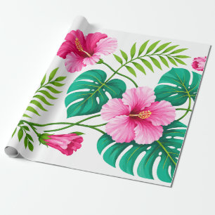 Tropical Pink Hibiscus and Monstera Leaves Wrapping Paper