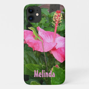 Tropical Pink Hibiscus Anole Lizard Photo Custom iPhone 11 Case