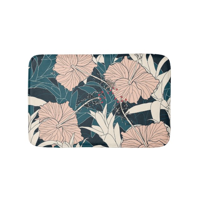 Tropical pink hibiscus, dark background bath mat (Front)