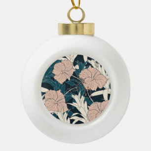 Tropical pink hibiscus, dark background ceramic ball christmas ornament